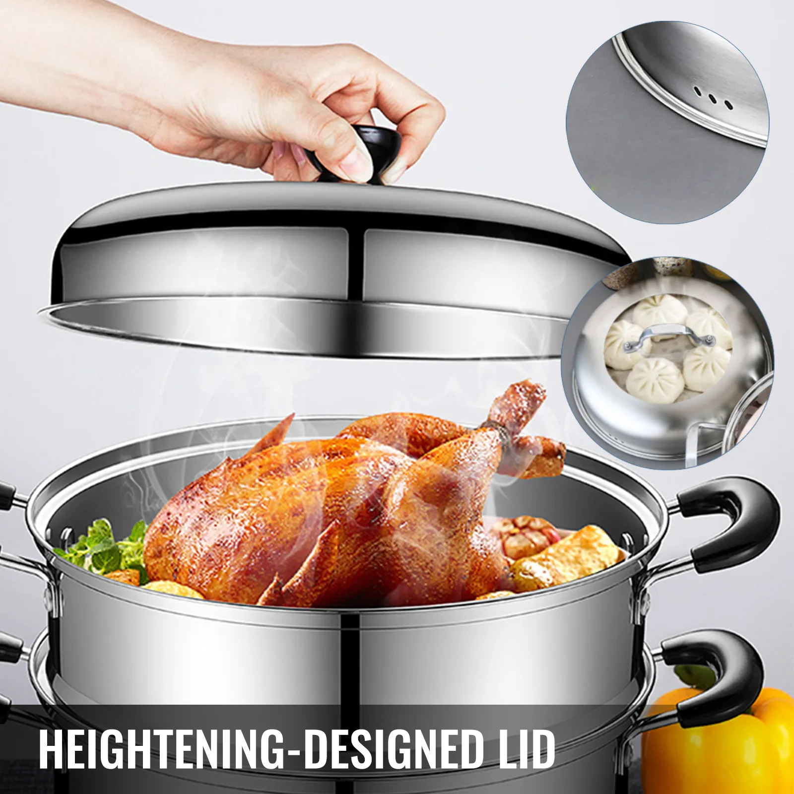 VEVOR stainless steel steamer with a turkey and heightening-designed lid.