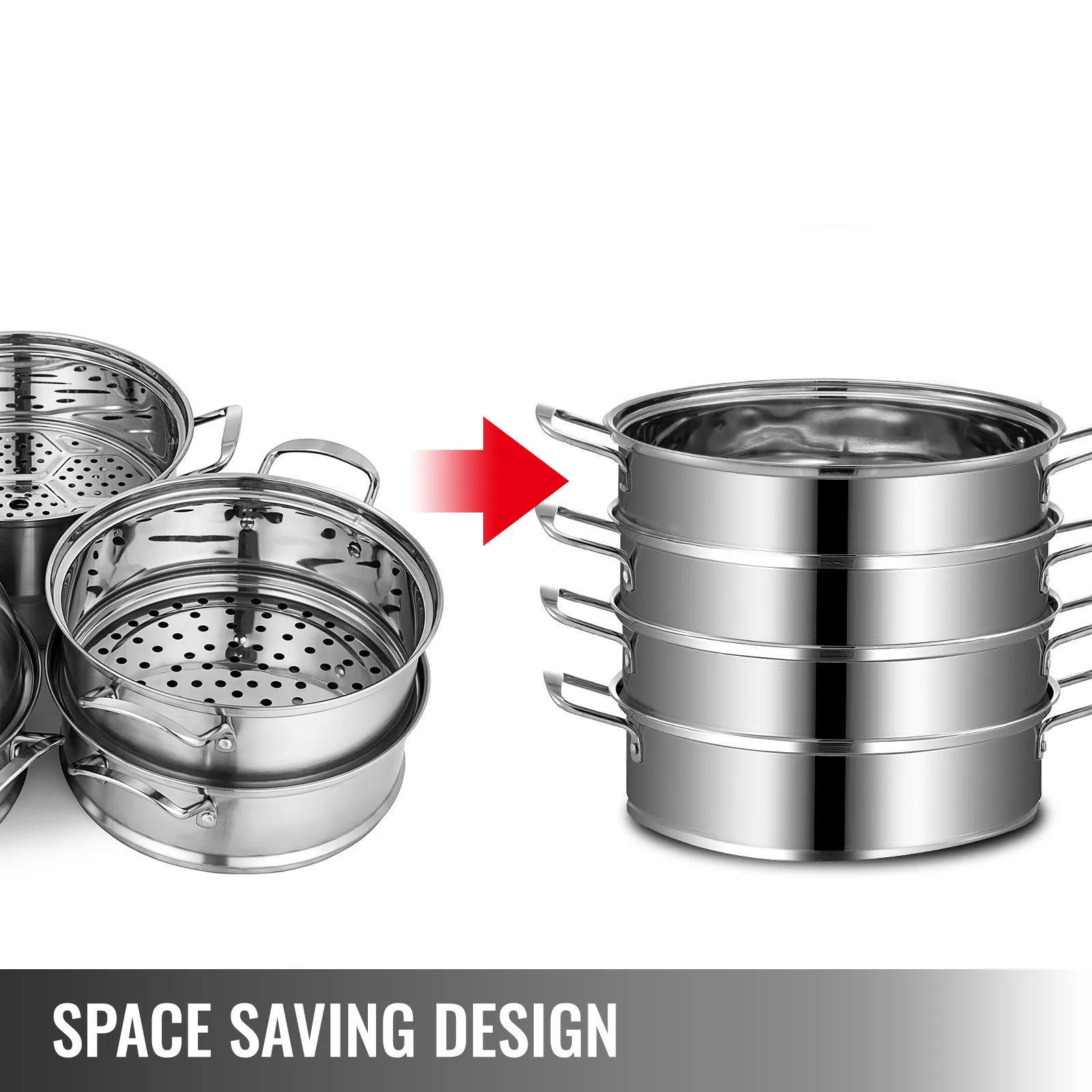 VEVOR stainless steel steamer with space-saving stackable design.