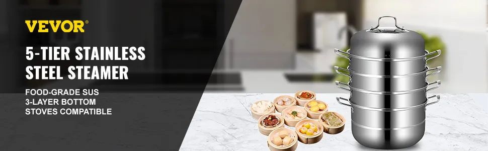 Vaporera para bolas de masa hervida VEVOR, de 5 niveles, de acero inoxidable con alimentos sobre encimera de mármol.