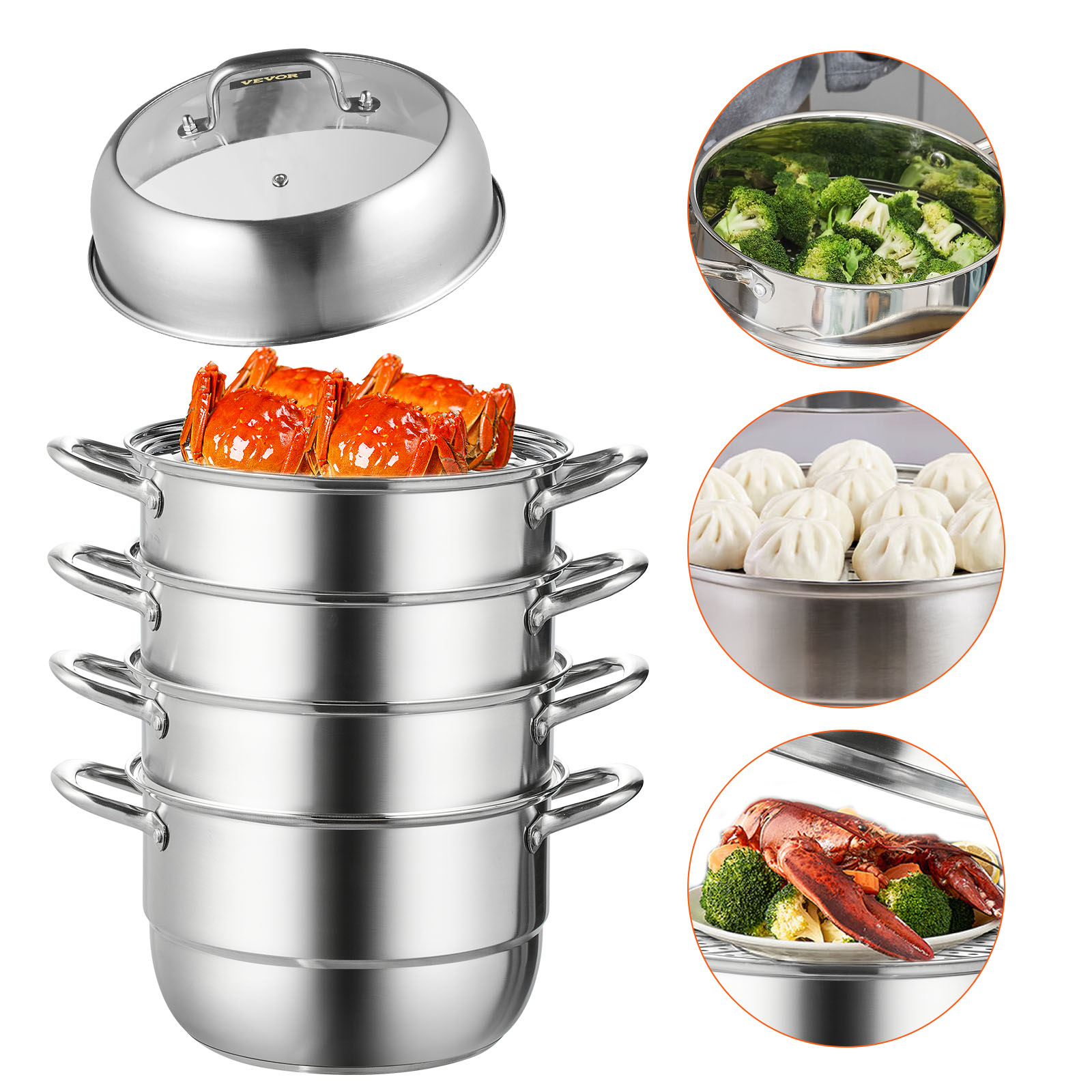 Cuiseur Vapeur Inox 5 étages - 30 Cm - Couvercle En Verre - Compatible Induction Et Toutes Plaques - Capacité Généreuse - 3