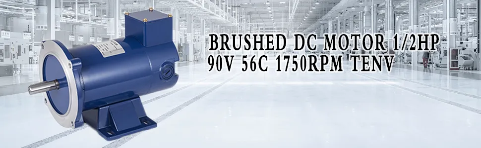 brushed dc motor 1/2hp 90v 56c 1750rpm tenv on factory background. VEVOR dc motor