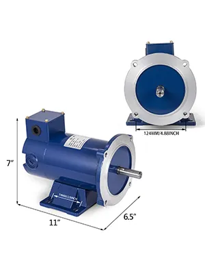 blue VEVOR dc motor with dimensions: 11"x6.5"x7"; 4.88" diameter faceplate.