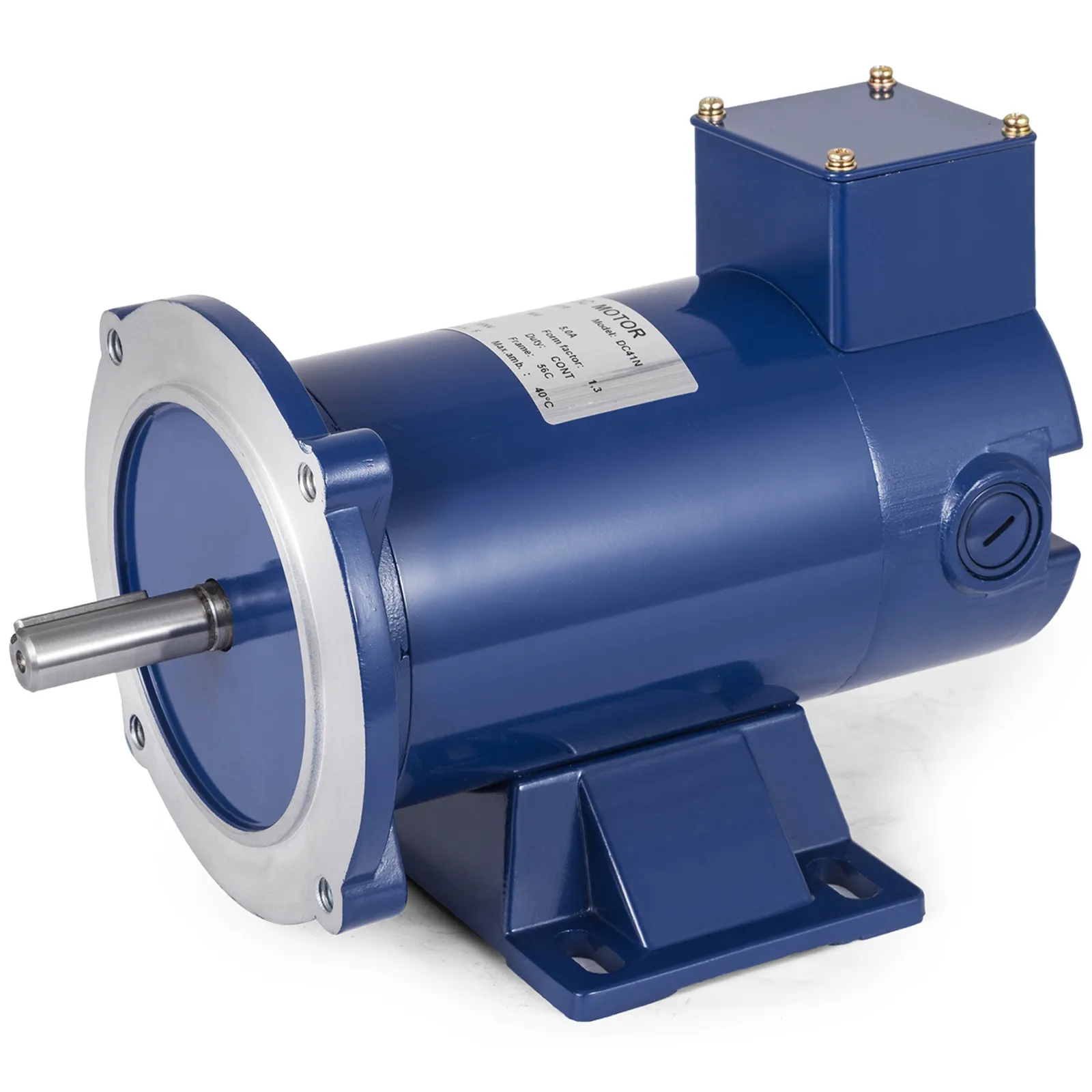 blue VEVOR dc motor with metallic shaft on a mounting base.