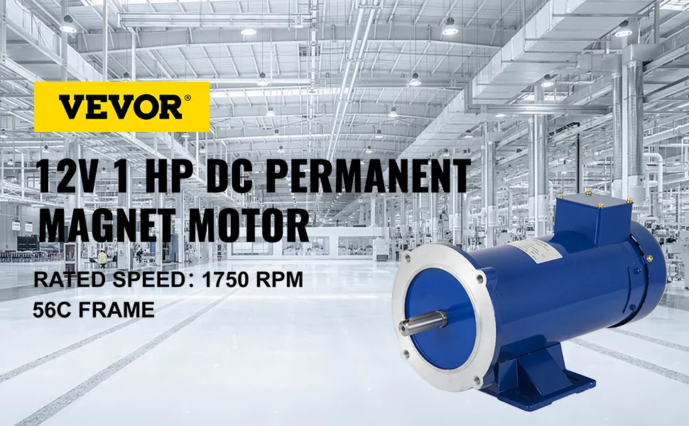 VEVOR dc motor with 12v 1hp, 1750 rpm in a spacious, modern industrial setting.