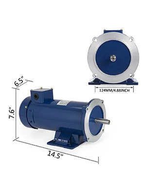 VEVOR dc motor in blue, with dimensions: 14.5"x7.6" and 6.5"x124mm/4.88inch.