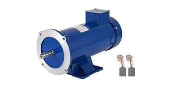 blue VEVOR dc motor with mounting base and included carbon brushes.