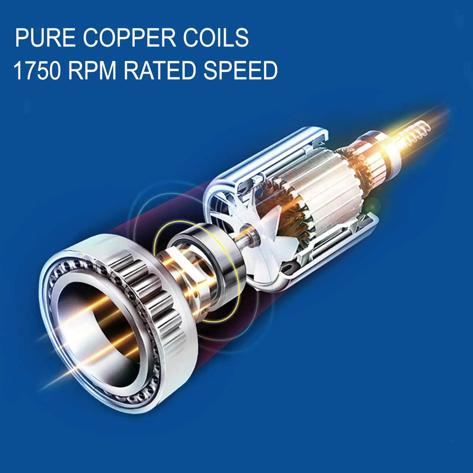VEVOR dc motor with pure copper coils and 1750 rpm rated speed on blue background.