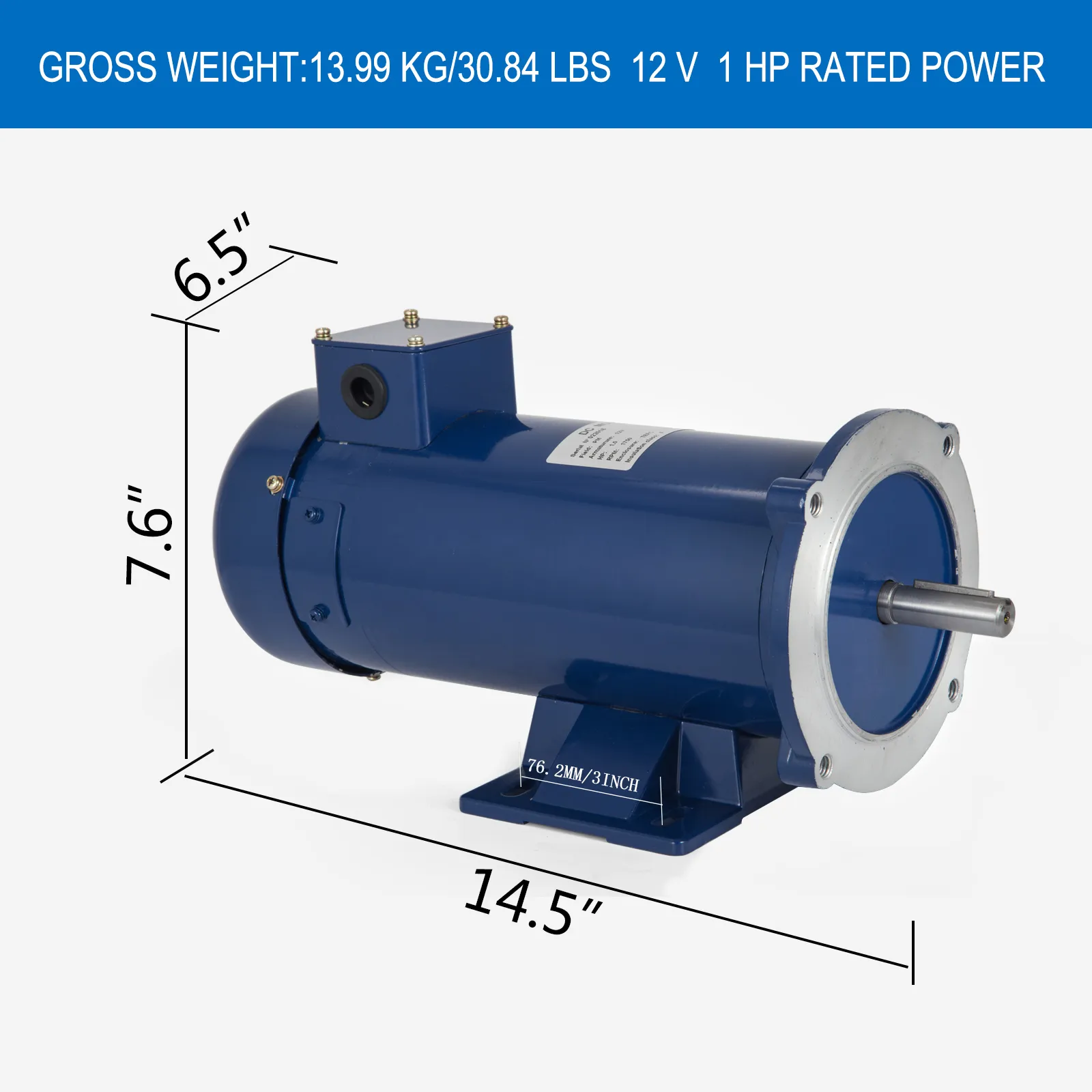 blue VEVOR dc motor, 12v, 1hp, dimensions 7.6x6.5x14.5 inches, gross weight 30.84 lbs.