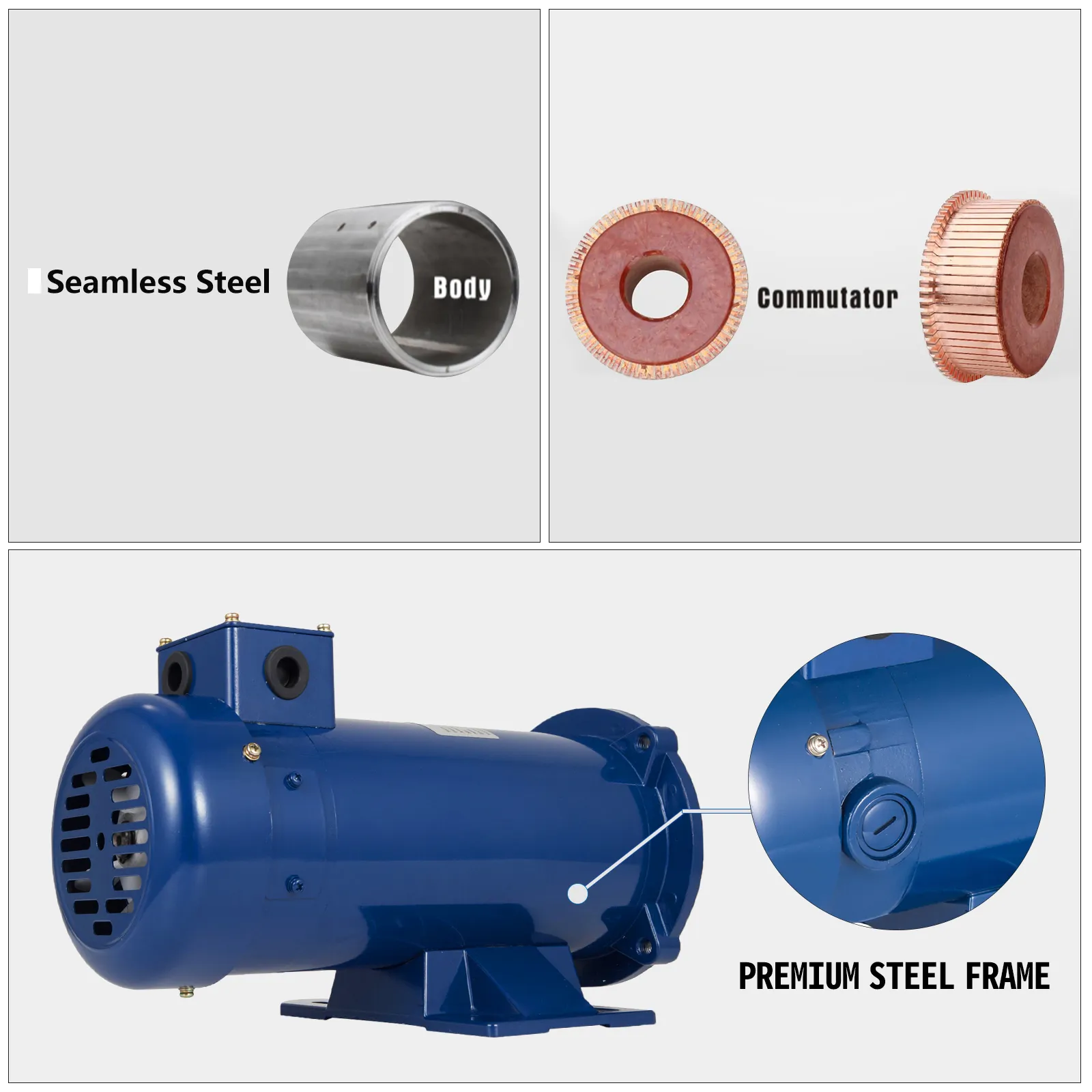 VEVOR dc motor with premium steel frame, seamless steel body, and commutator.