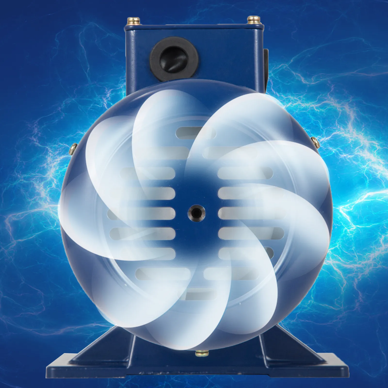 VEVOR dc motor with blue casing and spinning fan blades against a bright electric background.