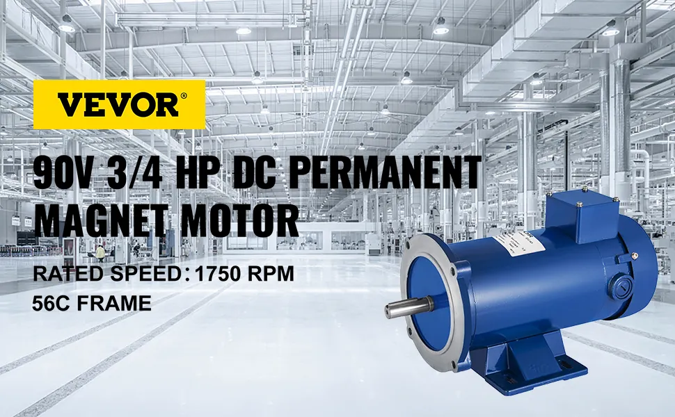 Motor de corriente continua VEVOR de 3/4 hp, 90 V, 1750 rpm, bastidor de 56 c, en un entorno industrial.