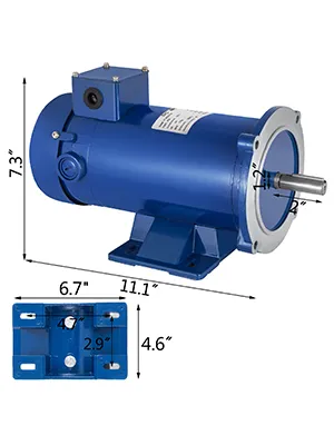 Motor dc VEVOR azul de 3/4hp con medidas indicadas para montaje y dimensiones de eje.