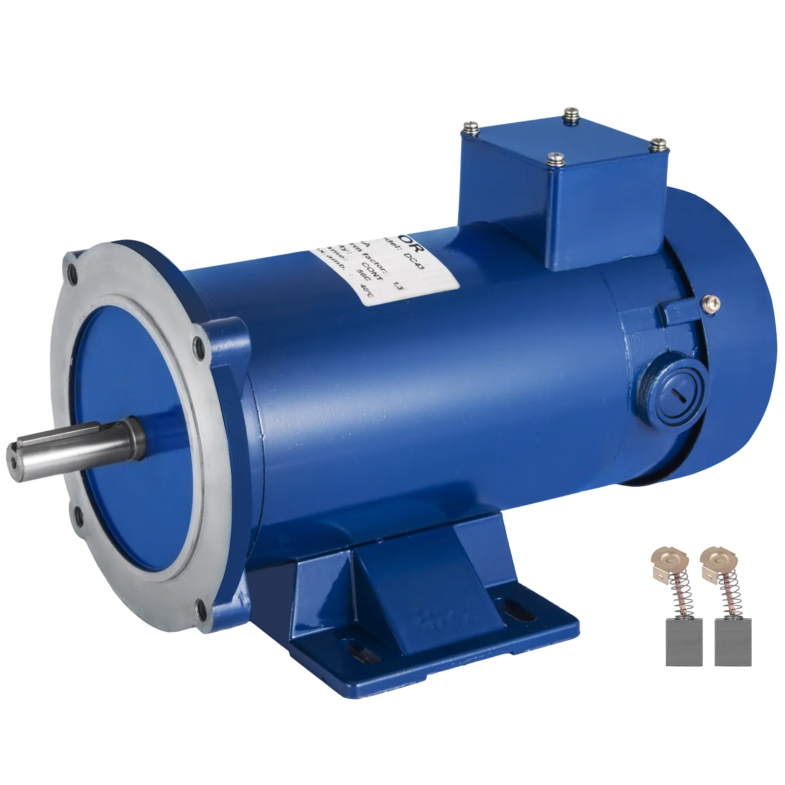 Motor de corriente continua VEVOR 3/4hp, carcasa azul con base de montaje y escobillas.