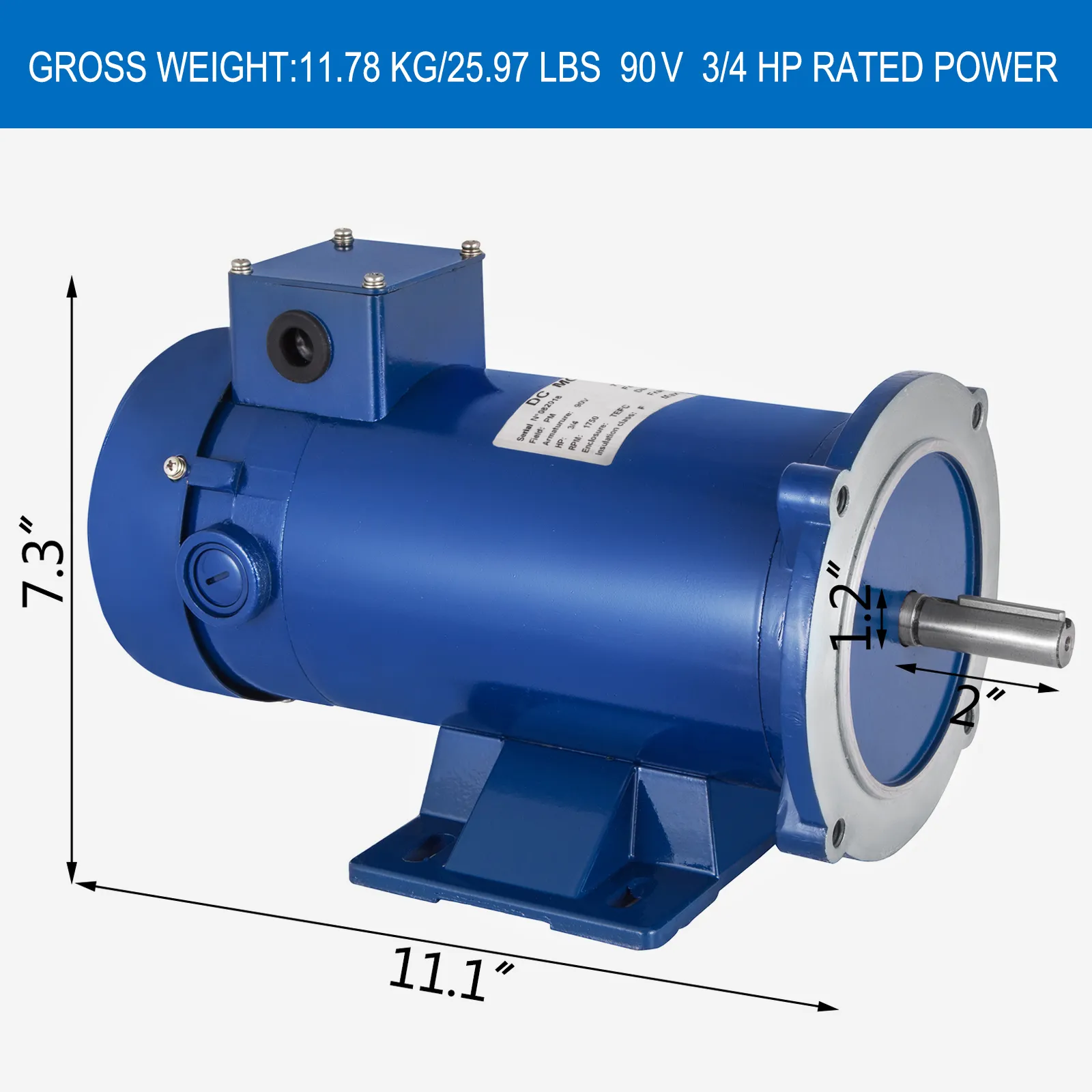 Motor de corriente continua VEVOR azul de 3/4 hp, 7,3" x 11,1", 90 V, 25,97 lb, uso industrial.