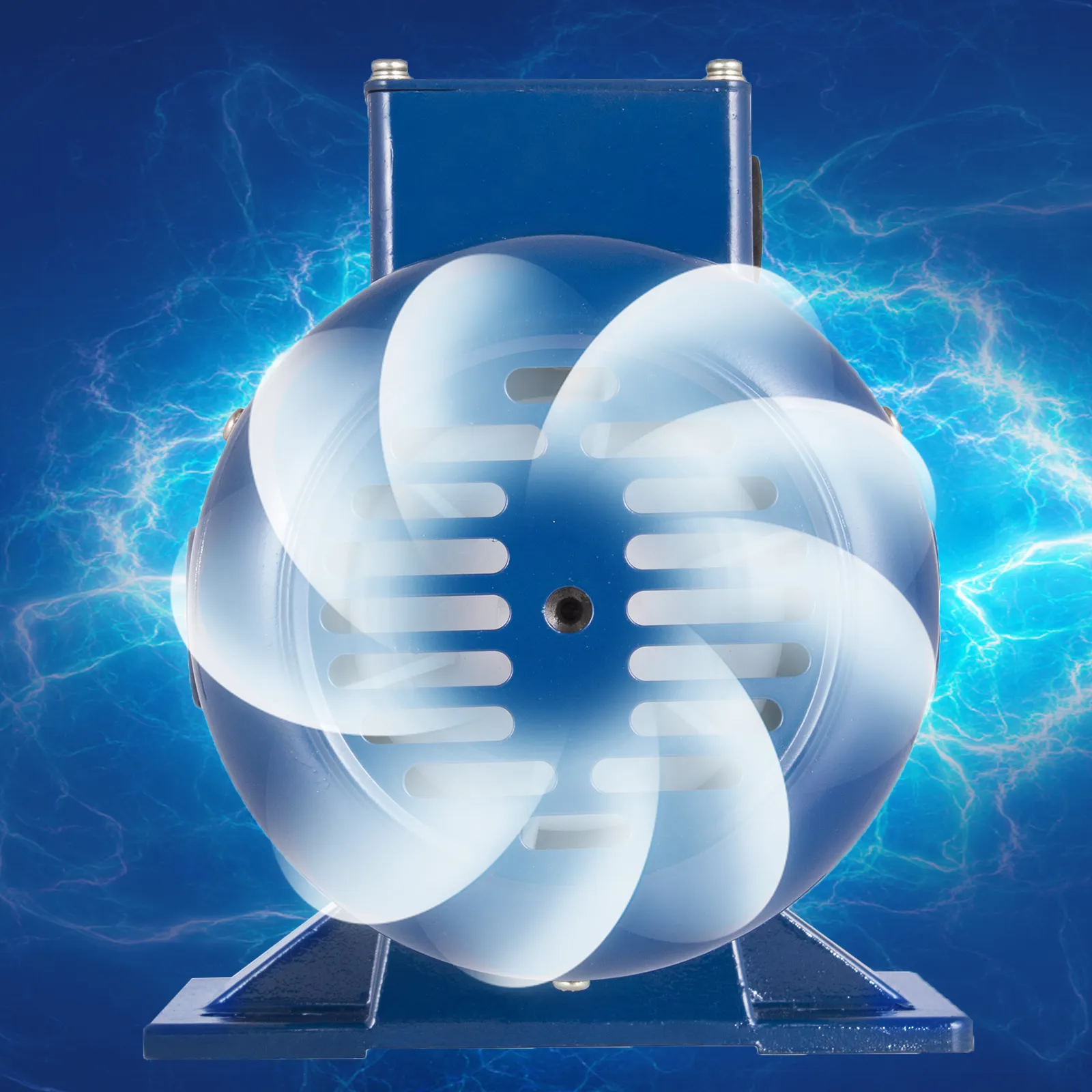 Motor de corriente continua VEVOR de 3/4 hp con carcasa azul y ventilador giratorio en fondo de energía eléctrica.