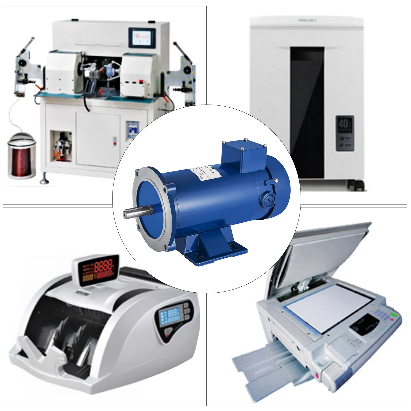 Motor dc VEVOR 3/4hp en un collage con máquinas y una impresora.