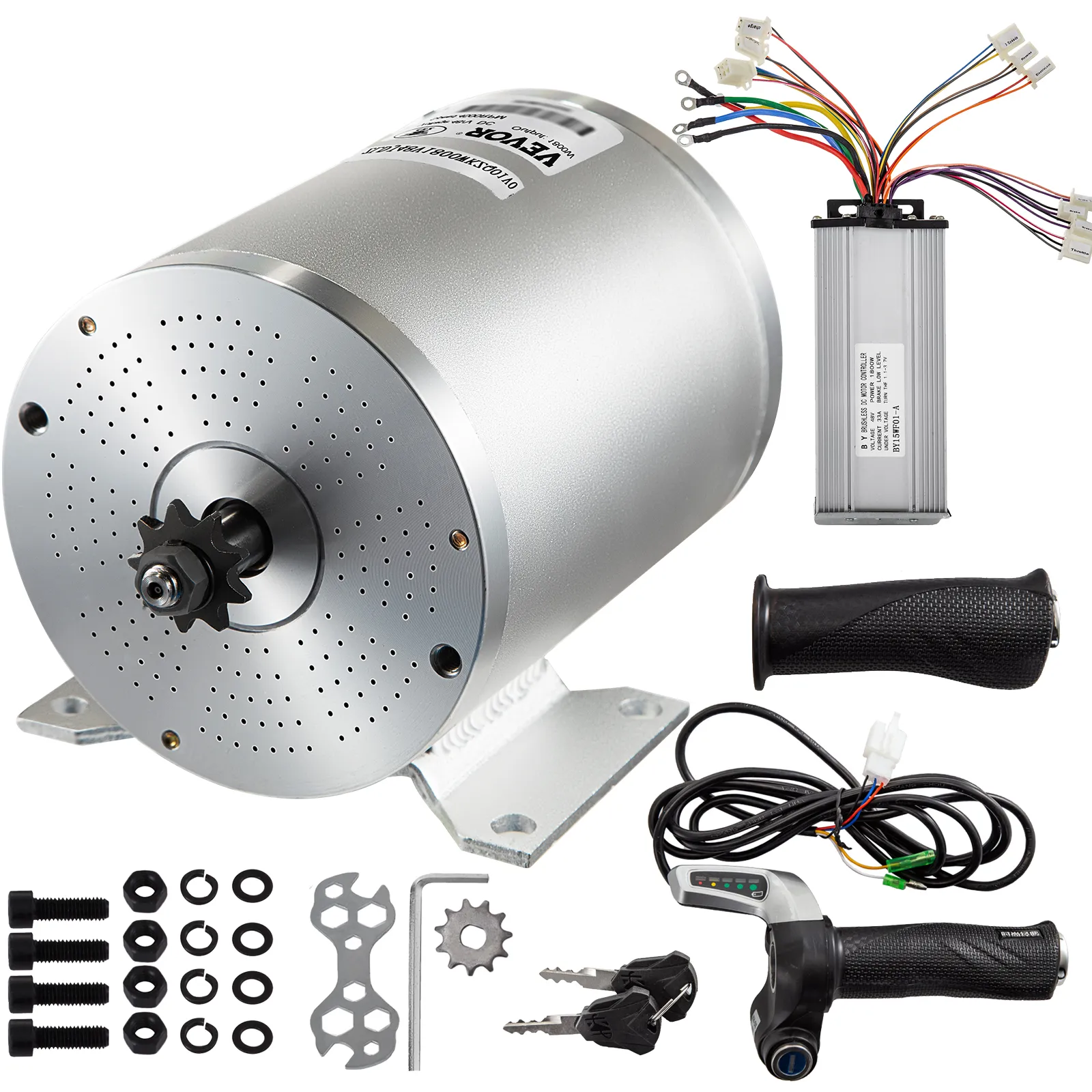 VEVOR 2000w brushless motor with controller, throttle, keys, and mounting hardware.