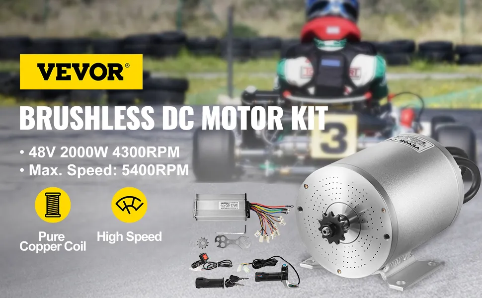 Motor de corriente continua sin escobillas eléctrico VEVOR, 48 V 2000 W, velocidad máxima 5400 rpm, kart de alta velocidad en segundo plano.