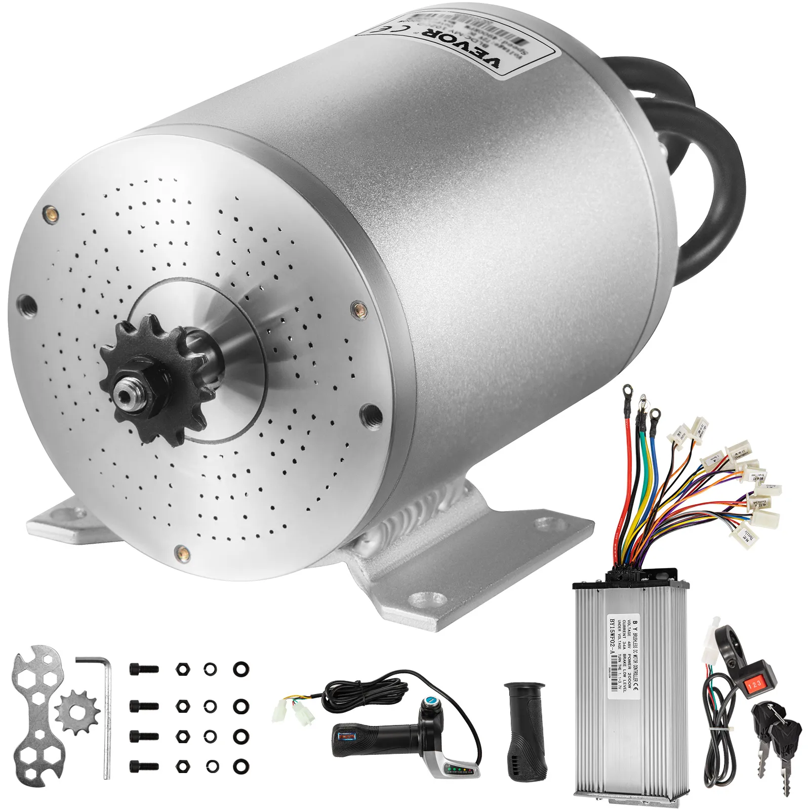 Motor de CC eléctrico sin escobillas VEVOR con accesorios, cableado y hardware de montaje.