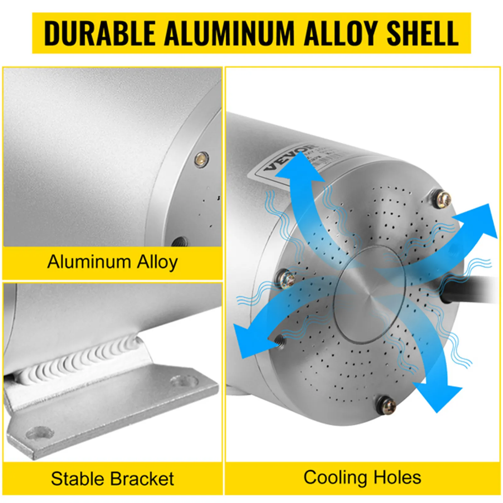 Motor de CC eléctrico sin escobillas VEVOR con carcasa de aleación de aluminio duradera y orificios de refrigeración.