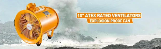 orange VEVOR explosion proof fan with 10" atex rated ventilators in rugged terrain.