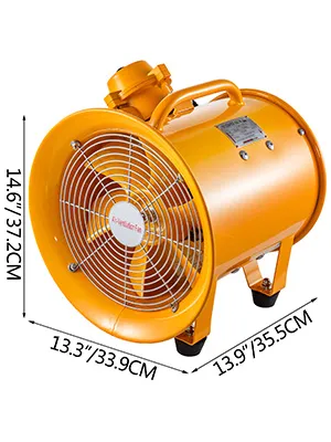 VEVOR explosion proof fan, yellow body, dimensions 14.6"x13.3"x13.9".
