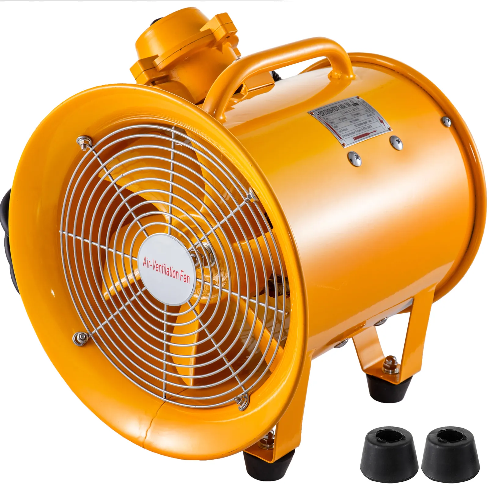 yellow VEVOR explosion proof fan with air ventilation grille, two black rubber mounts.
