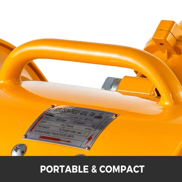 yellow VEVOR explosion proof fan with handle, label, and "portable & compact" text.