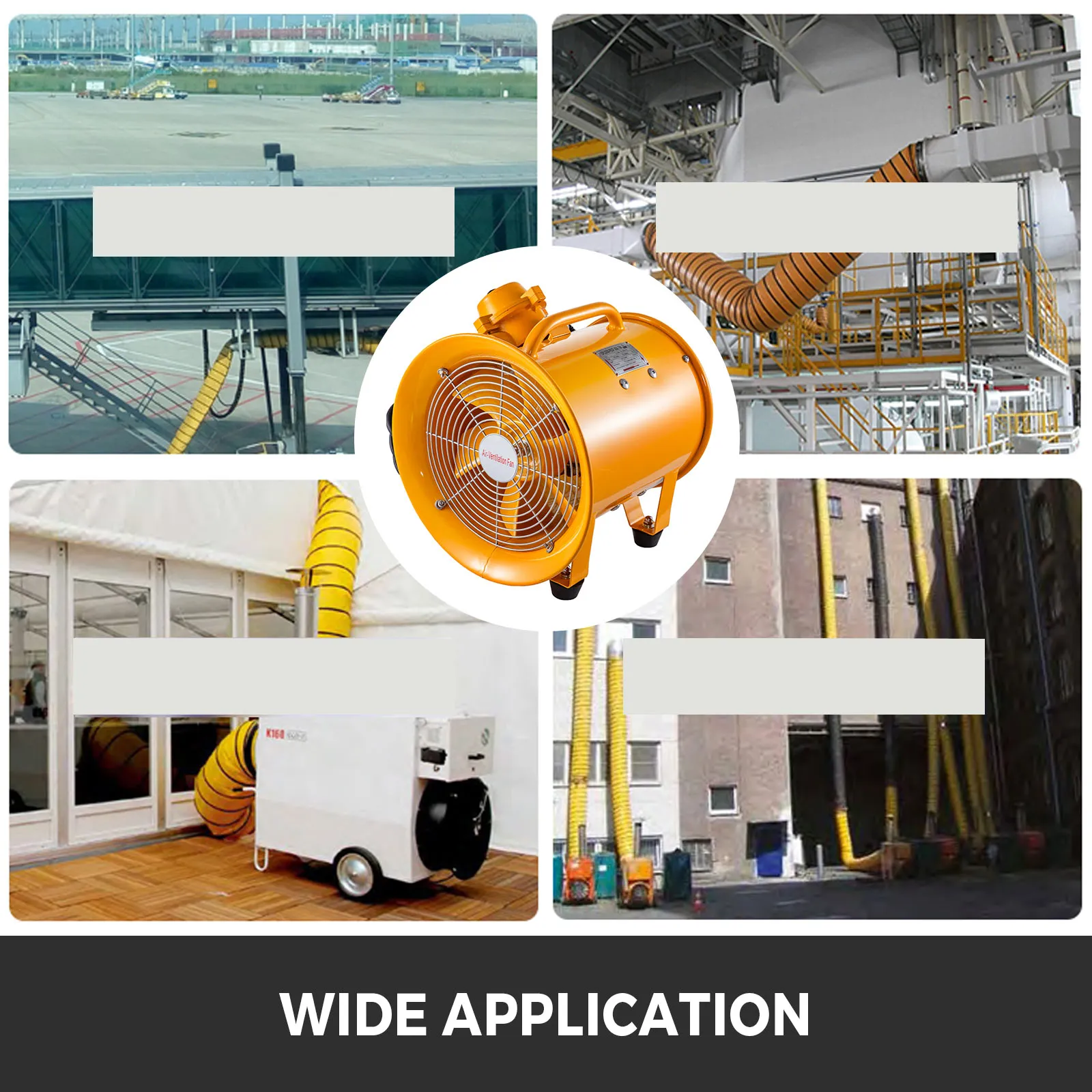 VEVOR explosion proof fan used in industrial, construction, and aviation applications.