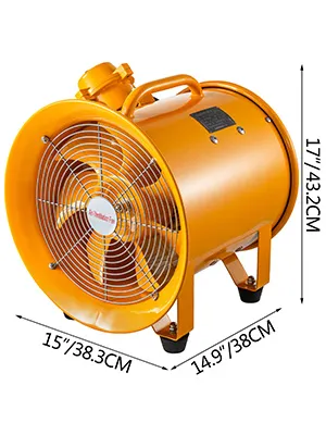Ventilador antideflagrante VEVOR amarillo con asa y especificaciones de tamaño en cm.