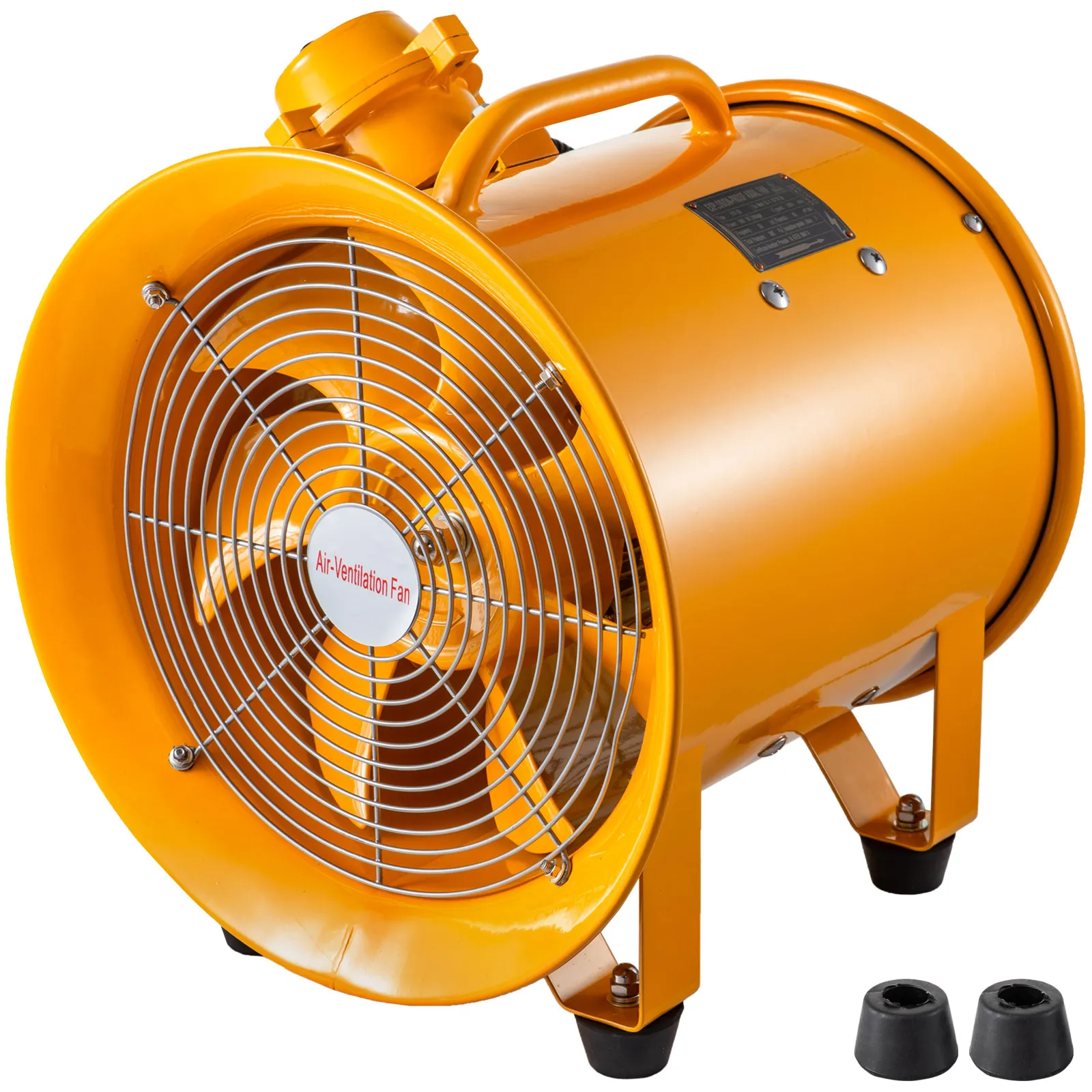 Ventilador a prueba de explosiones VEVOR, carcasa de metal amarillo, rejilla protectora y pies de montaje de goma.