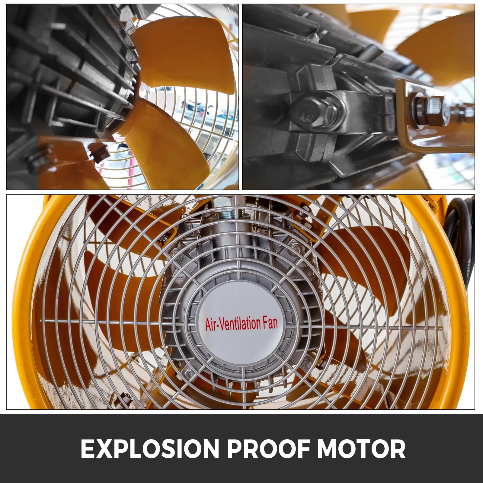 Ventilador a prueba de explosiones VEVOR con motor de metal y aspas amarillas, etiquetado como "ventilador de ventilación de aire".