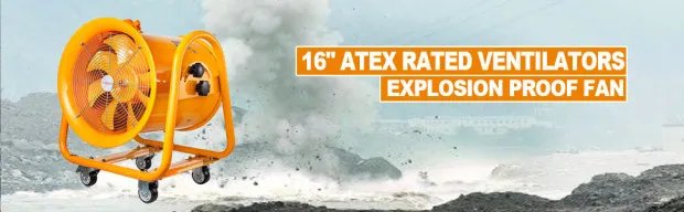 Ventilador atex 16", ventilador a prueba de explosiones VEVOR, naranja, sobre ruedas con fondo de humo.