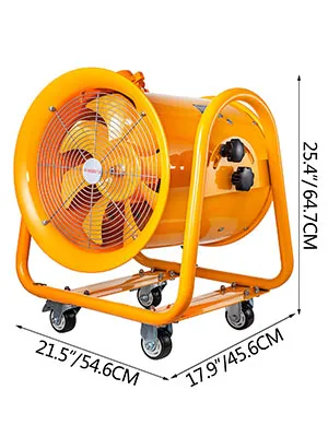 Ventilador a prueba de explosiones VEVOR, carcasa naranja, dimensiones: 21,5" x 17,9" x 25,4".