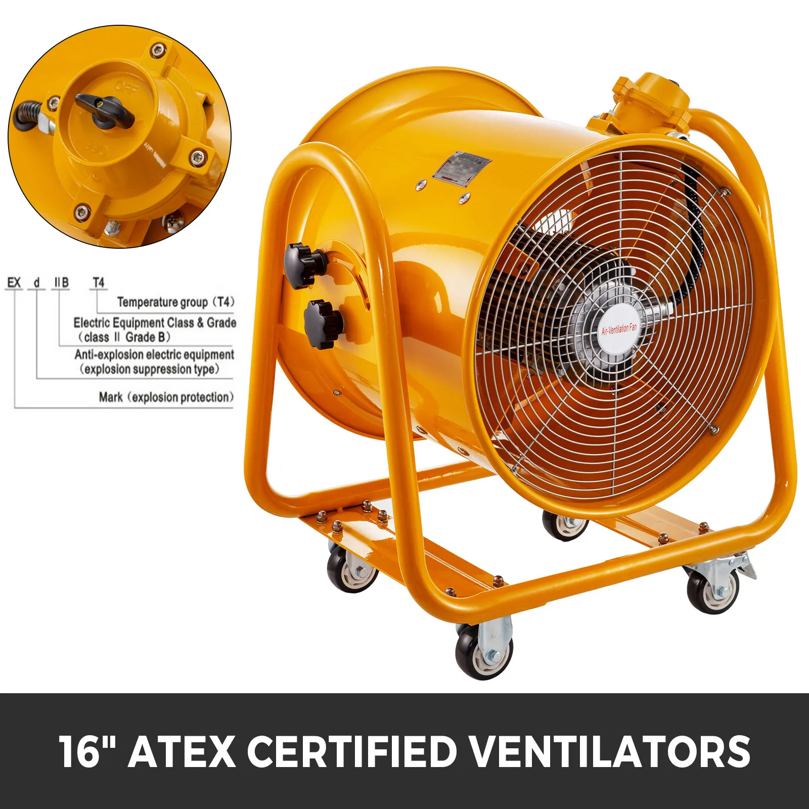 Ventilador a prueba de explosiones VEVOR de 16", ventilador certificado ATEX en color amarillo con panel de control.