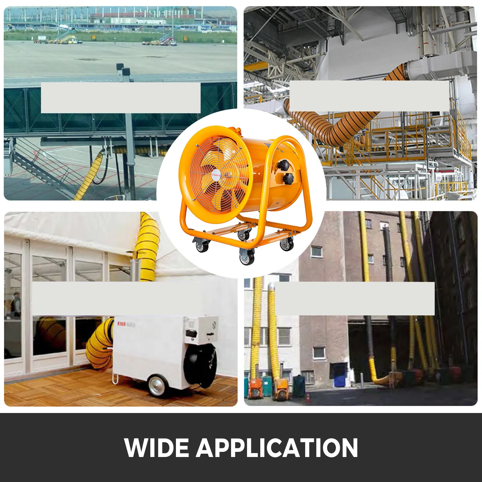 Ventilador a prueba de explosiones VEVOR mostrado en diversas aplicaciones industriales y al aire libre.