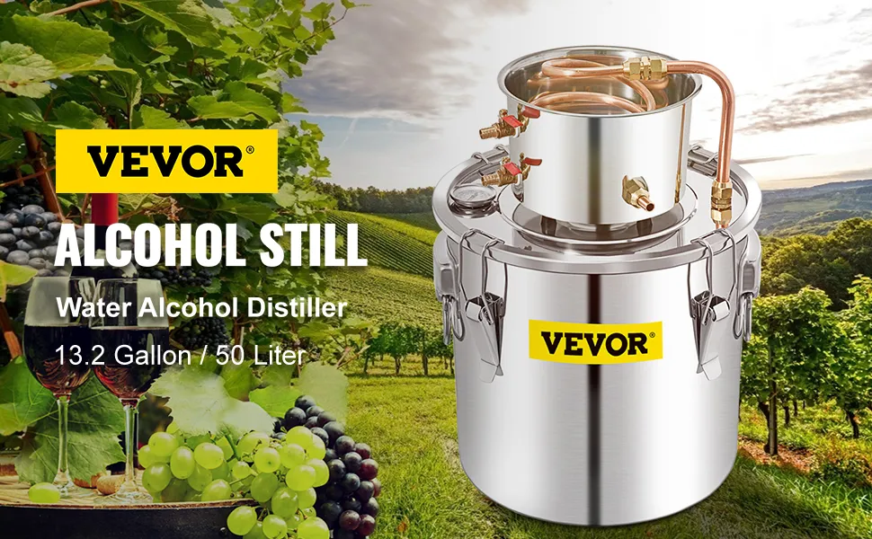 Alambique de alcohol VEVOR, destilador de alcohol de acero inoxidable con fondo de viñedo.