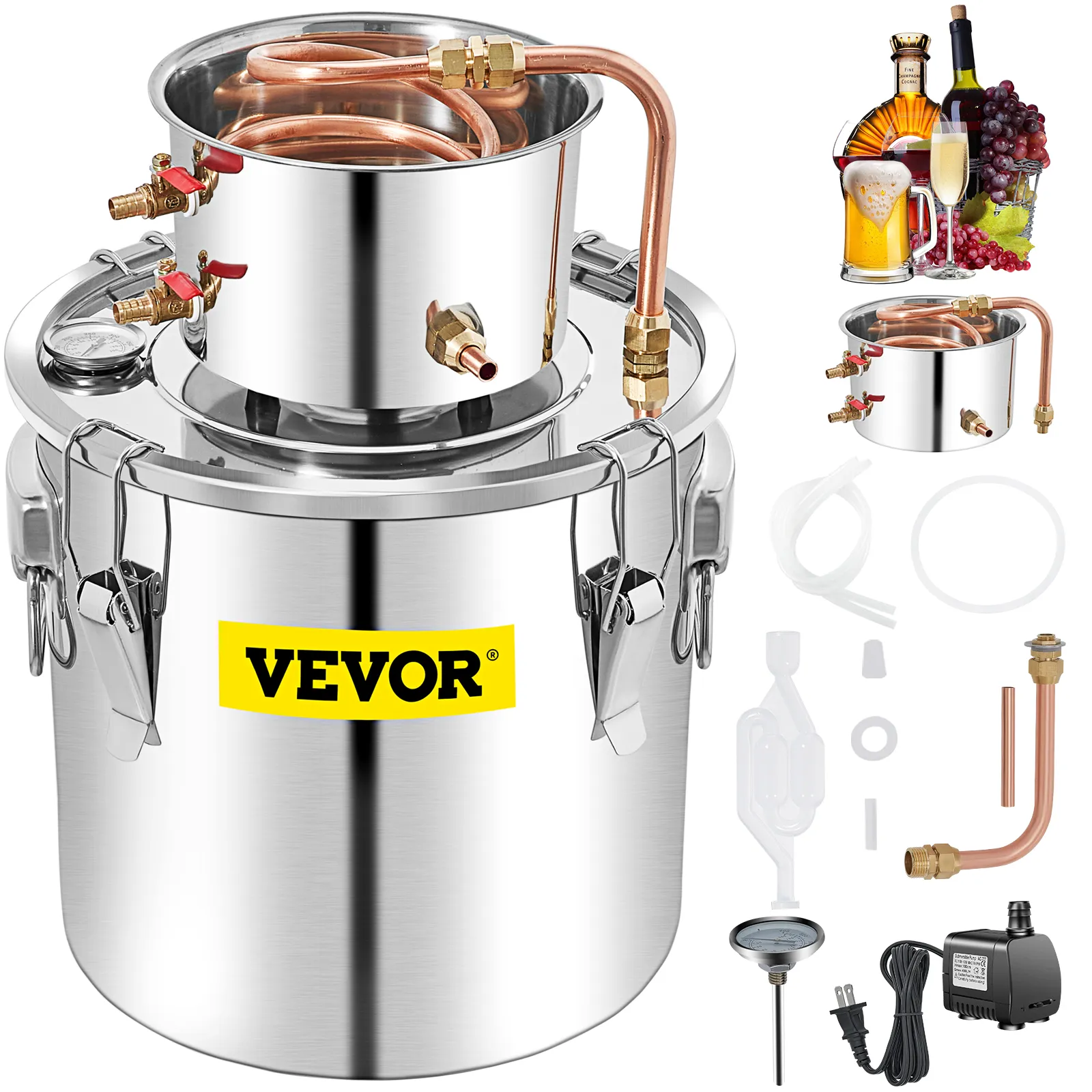 Alambique de alcohol VEVOR con olla de acero inoxidable, tubos de cobre, accesorios y bebidas.