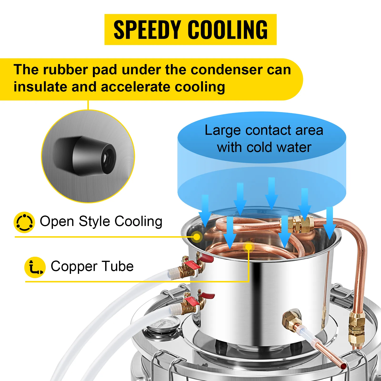 El alambique de alcohol VEVOR cuenta con tubo de cobre y un sistema de enfriamiento rápido de estilo abierto.