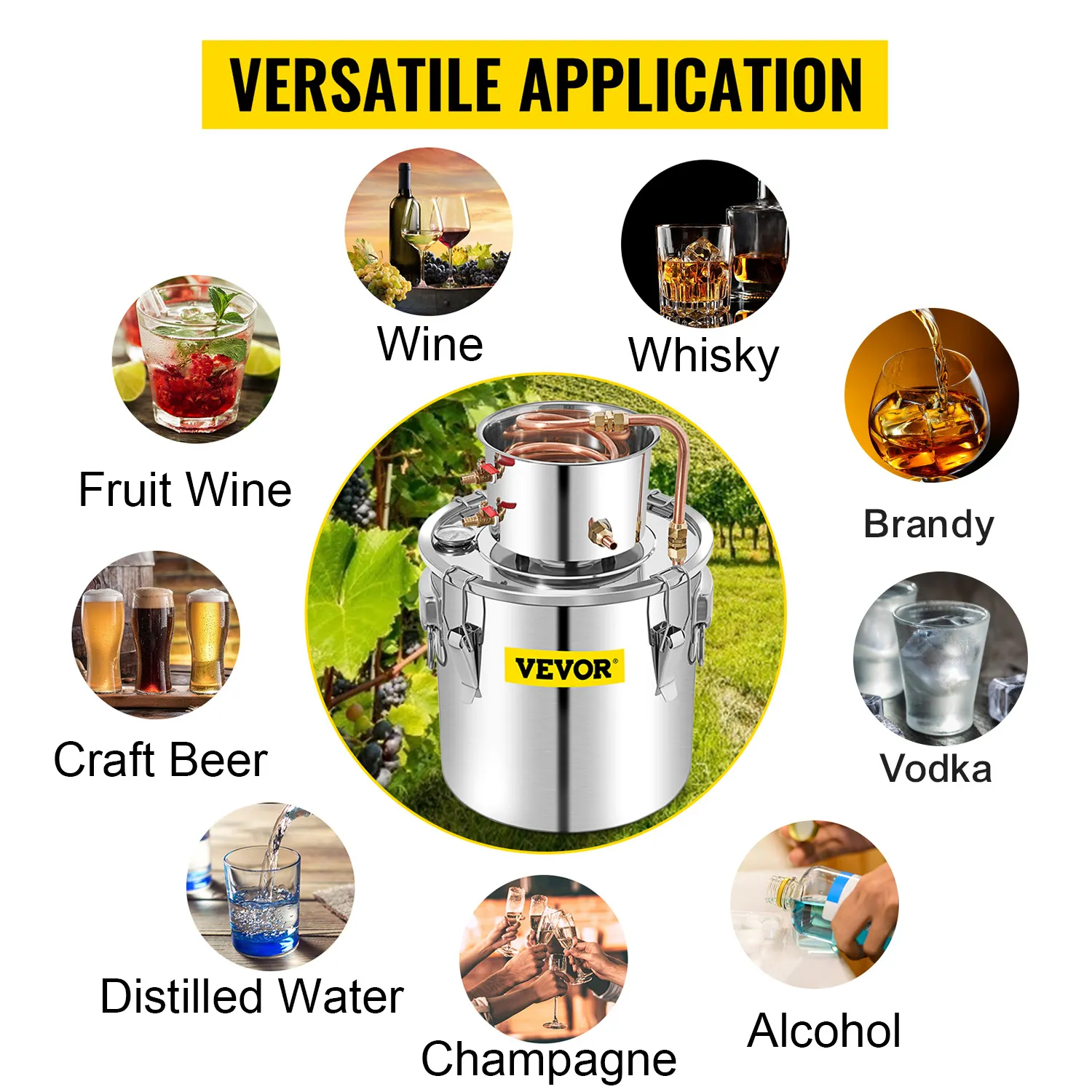 Alambique de alcohol VEVOR con múltiples aplicaciones: vino, whisky, cerveza y aceites esenciales.