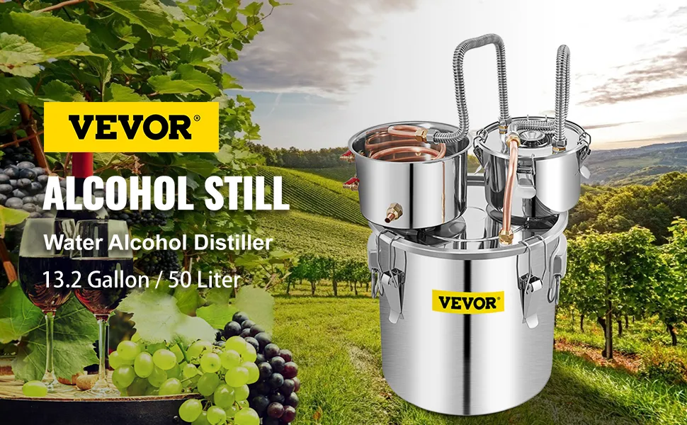 Alambique de alcohol VEVOR con fondo de viñedo y copas de vino, capacidad de 13,2 galones.