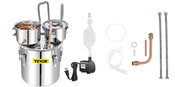 Alambique de alcohol VEVOR con accesorios, incluidas pipas, bomba y accesorios expuestos.