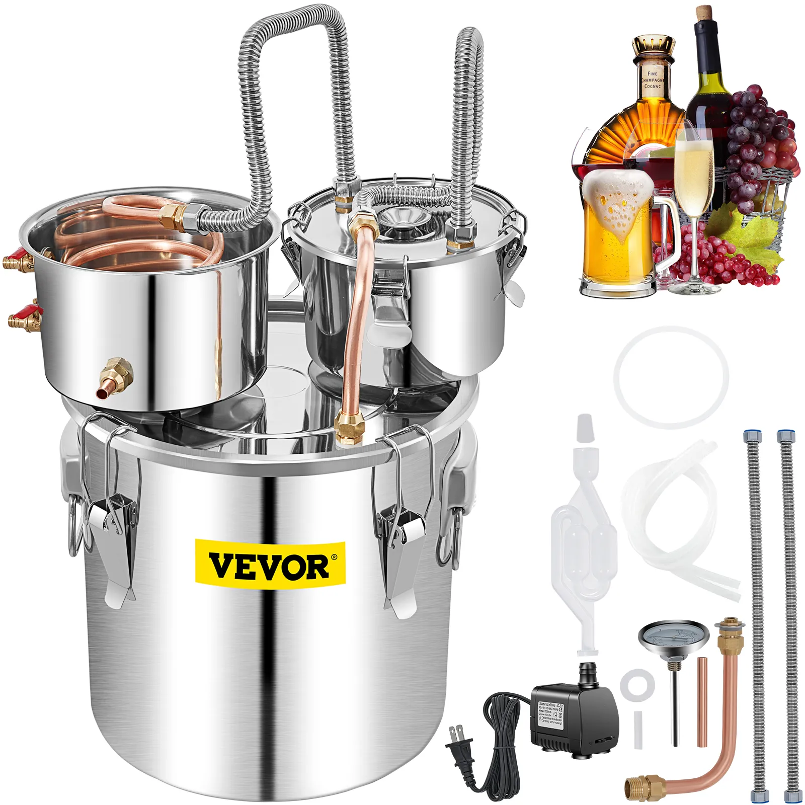 Alambique de alcohol VEVOR con componentes de acero inoxidable, botellas de vidrio y kit de accesorios.
