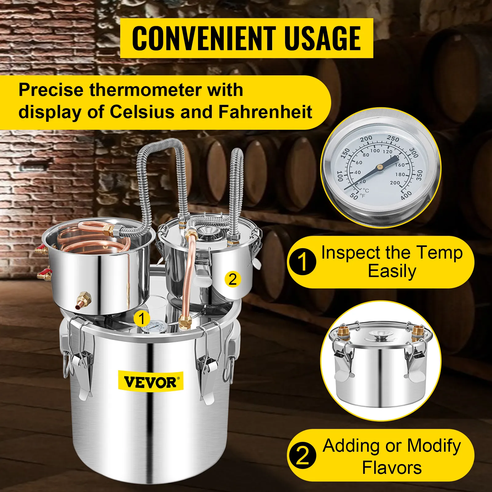 Alambique de alcohol VEVOR con termómetro, acero inoxidable y función modificadora de sabor.