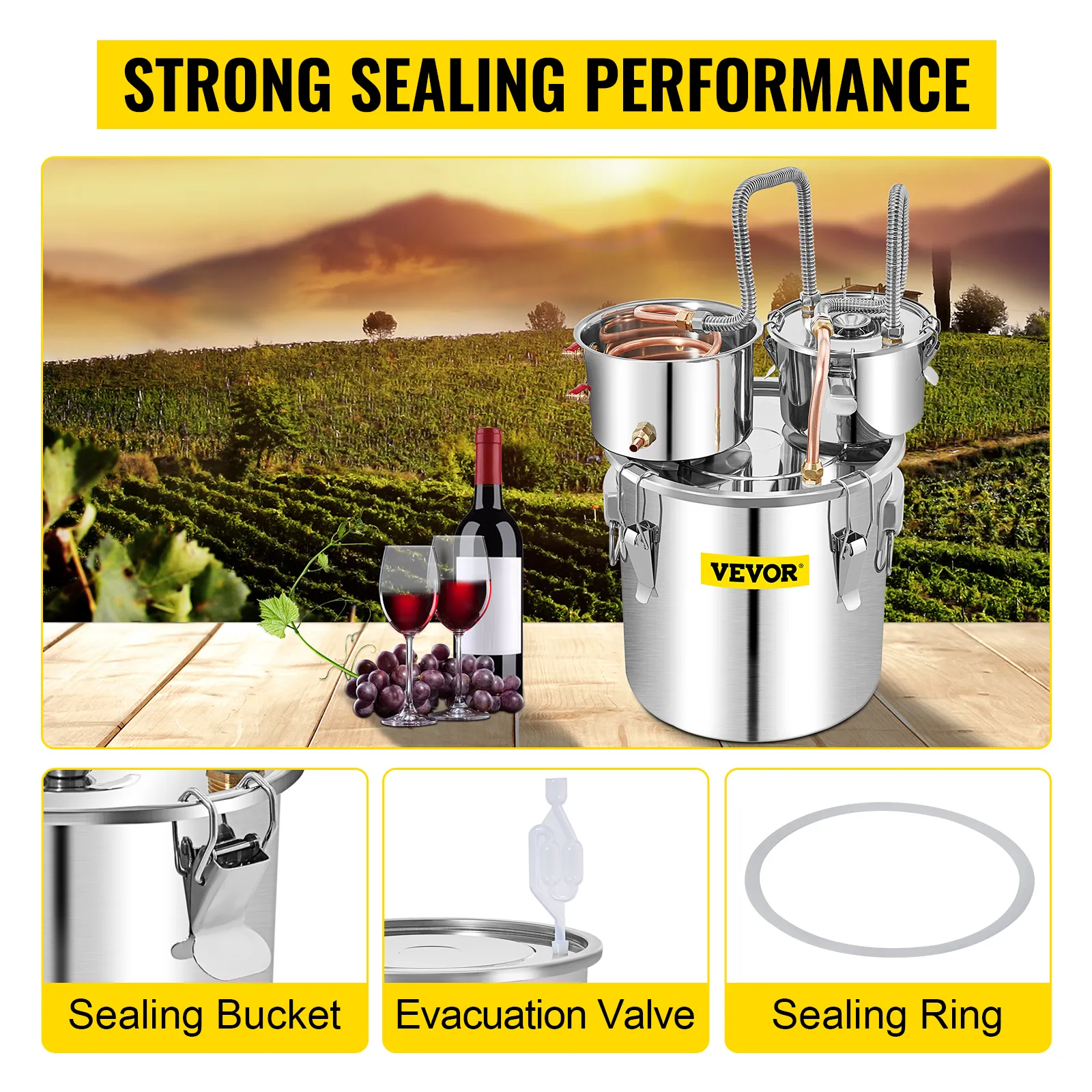 Alambique de alcohol VEVOR con cubo de sellado, válvula de evacuación y anillo de sellado en viñedo.