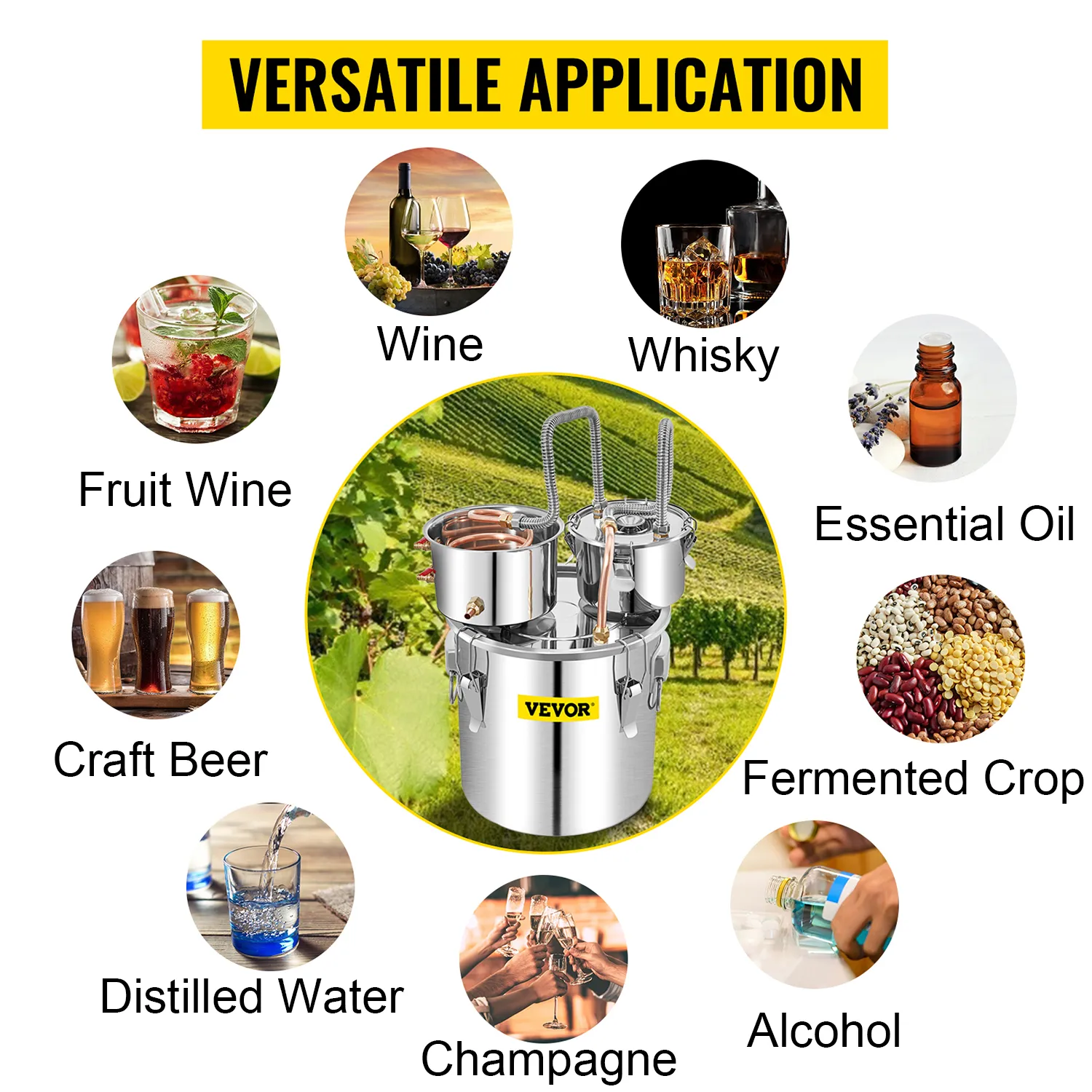 Alambique de alcohol VEVOR para destilar vino, whisky, cerveza artesanal y aceites esenciales.
