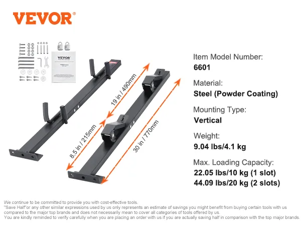 VEVOR trimmer rack, vertical mounting, steel, max loading 44.09 lbs, includes bolts, locks, and manual.