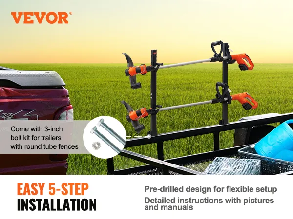 VEVOR trimmer rack mounted on a trailer in a grassy field, showcasing easy 5-step installation.