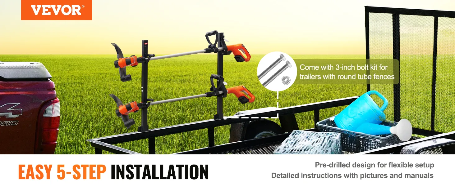 VEVOR trimmer rack mounted on a trailer in a grassy field, showcasing easy 5-step installation.