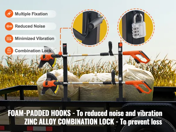 VEVOR trimmer rack on trailer with foam-padded hooks, zinc alloy combination lock, and reduced vibration.
